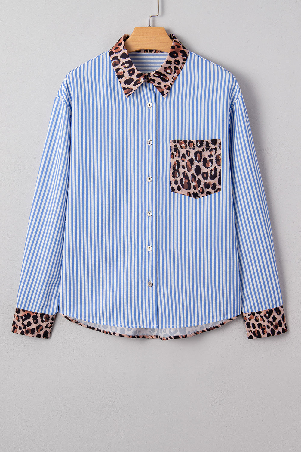 Sky Blue Leopard and Striped Patchwork Button Shirt bf14e87f8c757da4