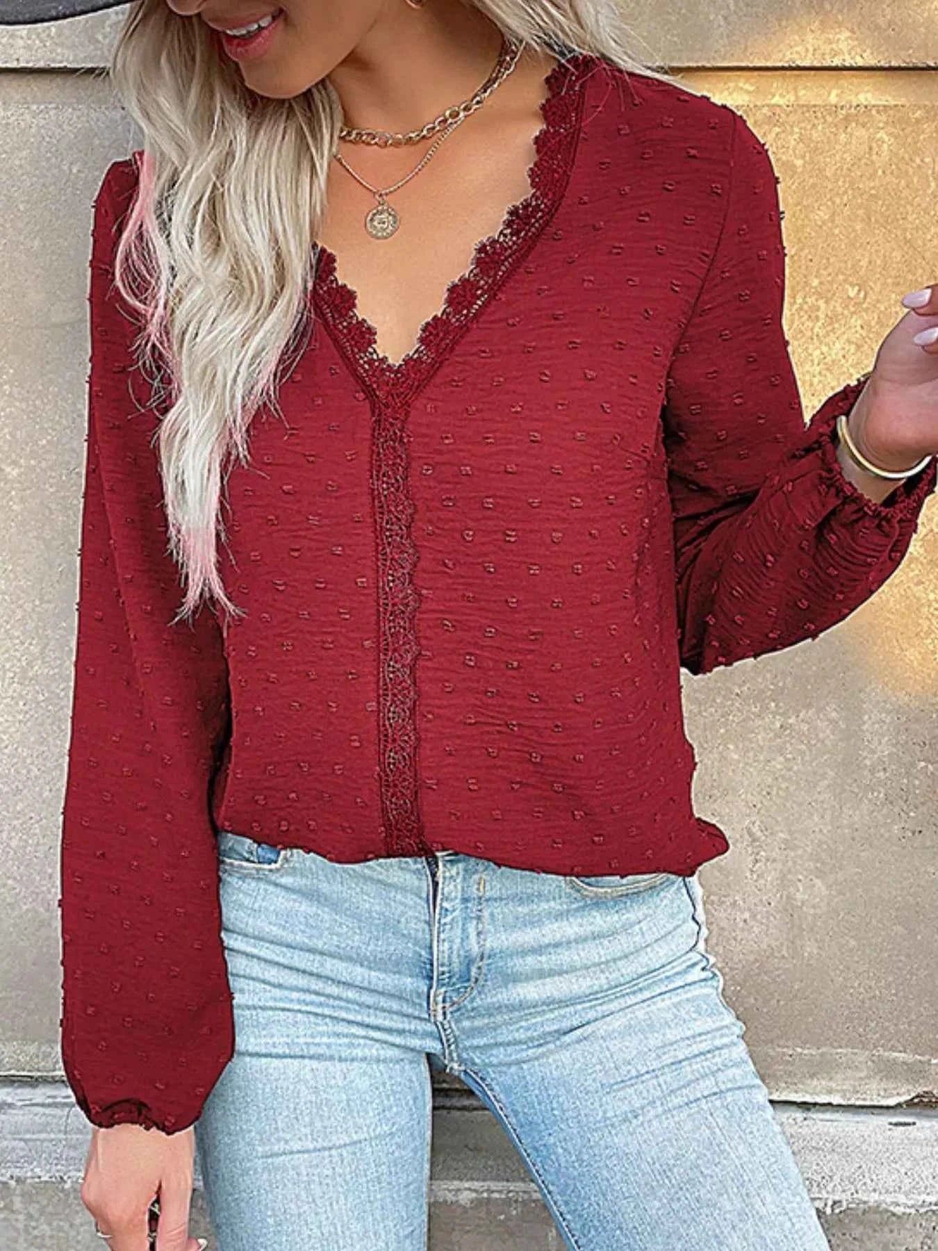 Lace Detail V-Neck Long Sleeve Blouse bf15491a-57ef-4511-bc5b-88a5080e058e-Max-Origin