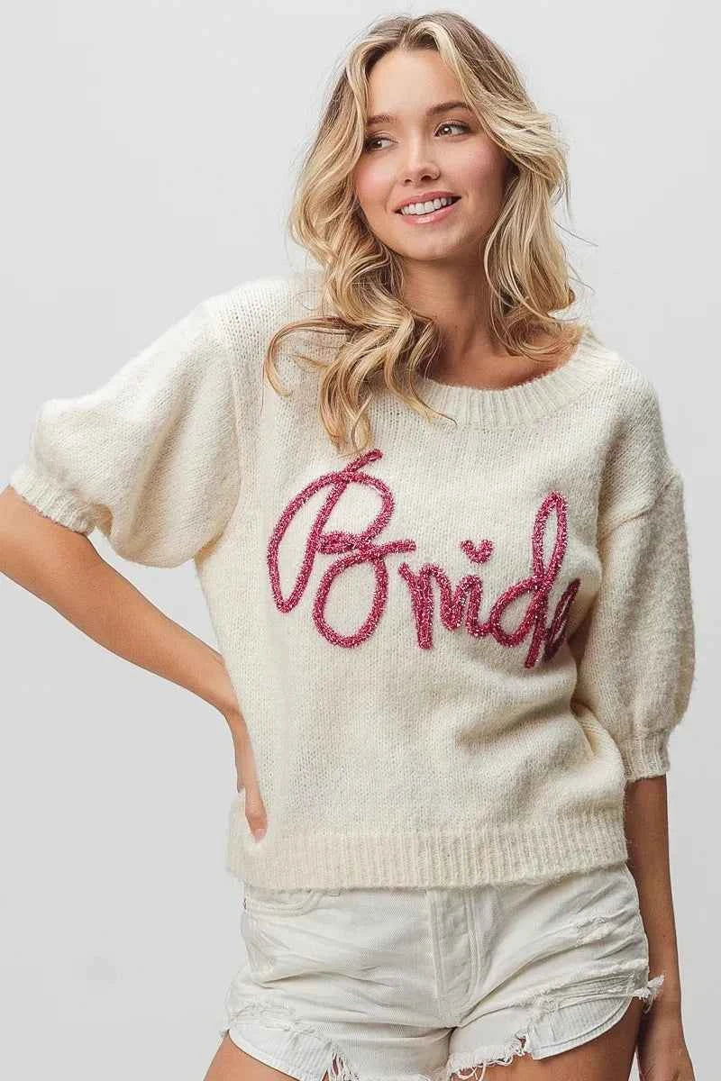 BiBi Metallic Letter Short Puff Sleeve Hairy Sweater bf159b50cbf74d5791c90d5cad43e90b-Max-Origin