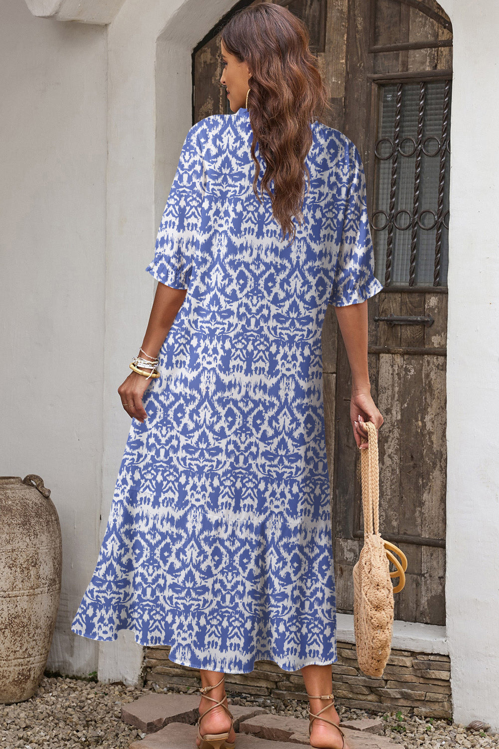 Sky Blue Geometric Print V Neck Casual Long Dress bf1c82106095f267