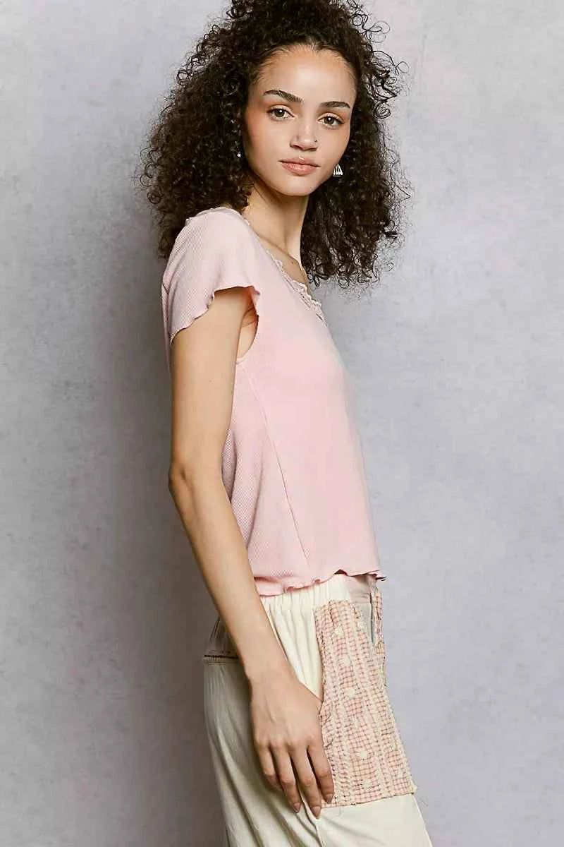 POL Round Neck Short Sleeve Crop T-Shirt with Lace Trim bf1cb481-c4f5-4456-9634-e619e64343e6-Max-Origin