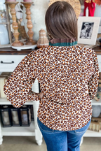 Brown Leopard Print Frill Stand Neck Button Long Sleeve Shirt bf1d72a1be02f53a