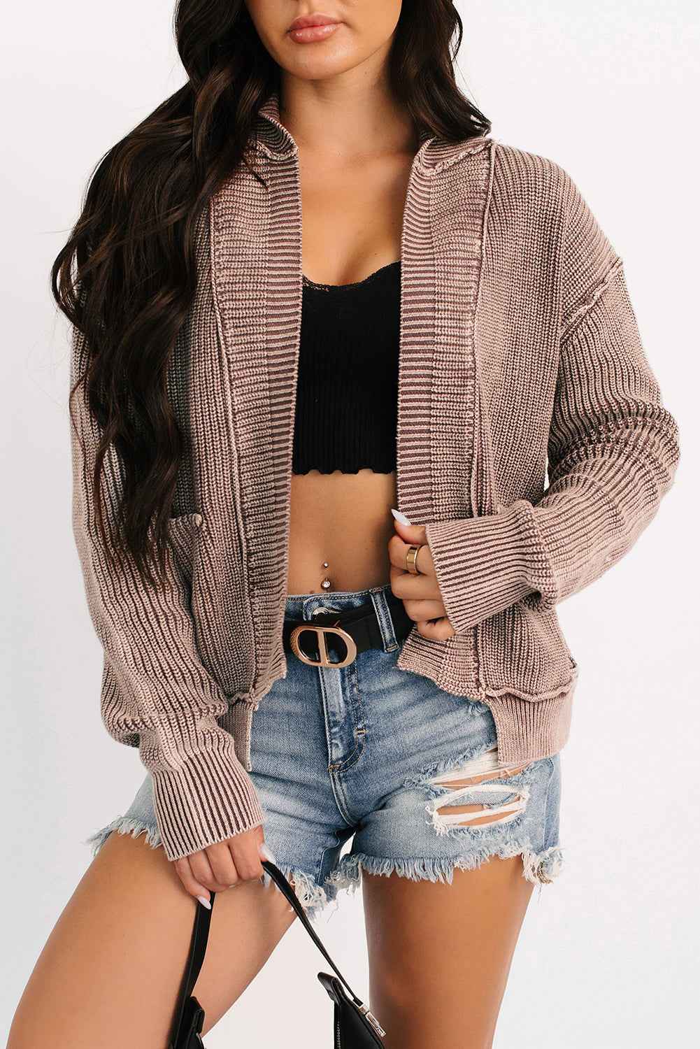 Chestnut Mineral Wash Exposed Seam Patchwork Knit Open Sweater Cardigan Chestnut 100%Cotton bf1ff39ecb6890a4