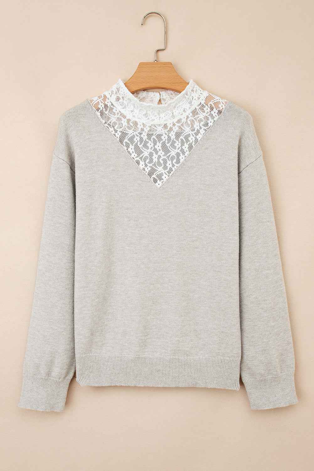 Light Grey Button Keyhole Lace Patchwork Drop Shoulder Sweater bf2349af63969071