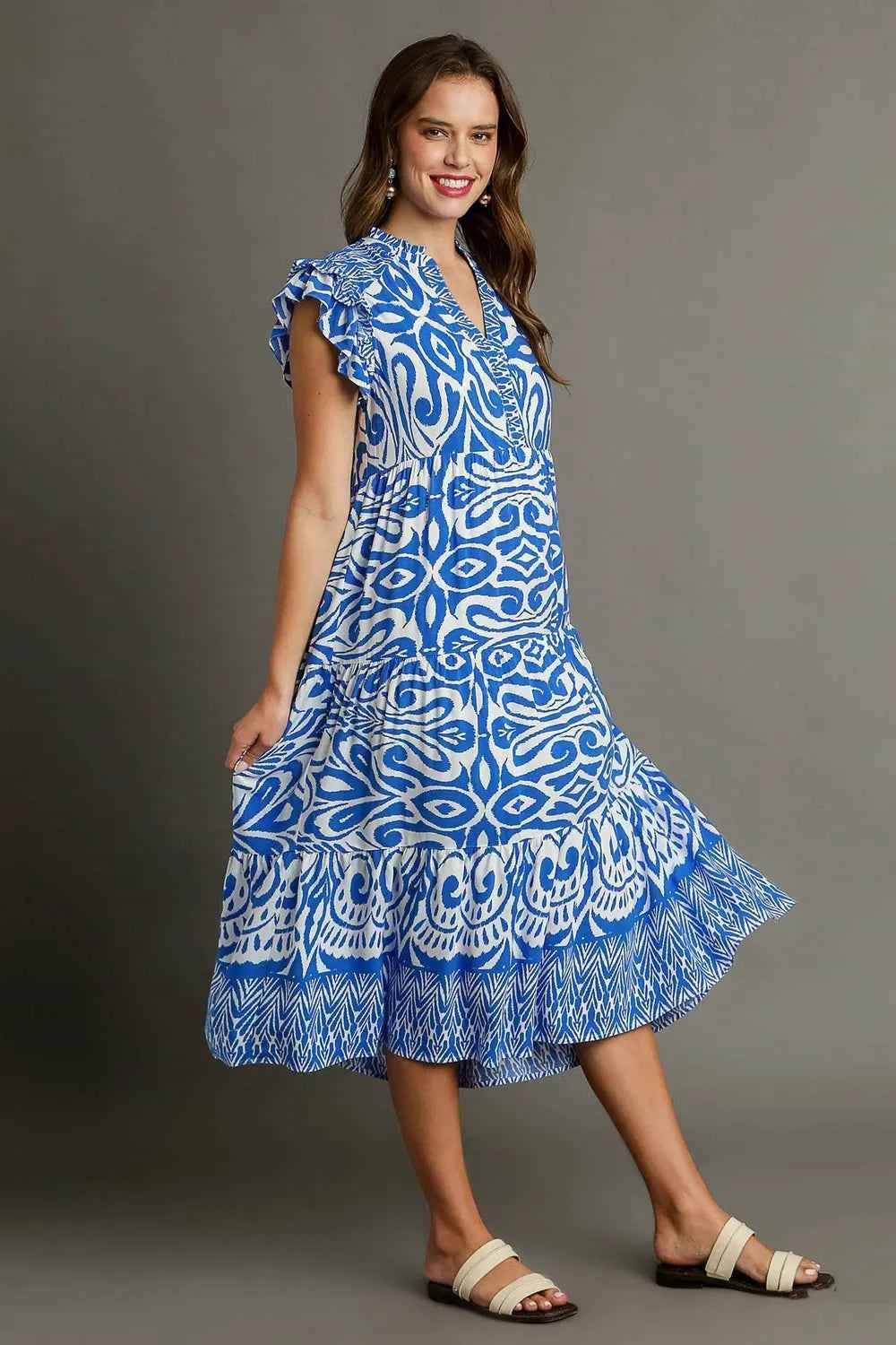 Umgee Full Size Two Tone Border Print Ruffle Cap Sleeve Midi Dress Plus Size bf24dfe1-3ce0-41f8-b71c-f2deb1b1efdf-Max