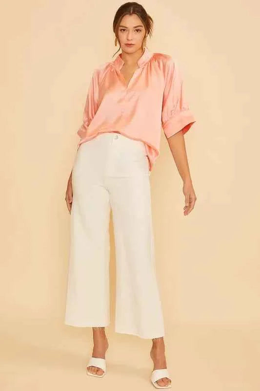 Annie Wear Satin V Neck Open Short Sleeve Woven Blouse Top PEACH bf2d7491df024701a9acb8f2a635fd1a-Max-Origin
