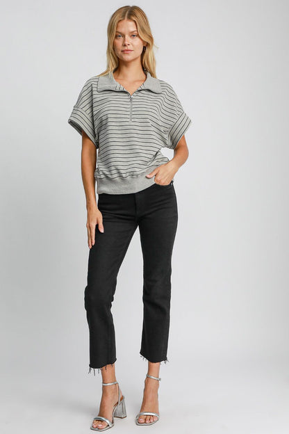 Umgee Striped Half Zip Short Sleeve Sweatshirt