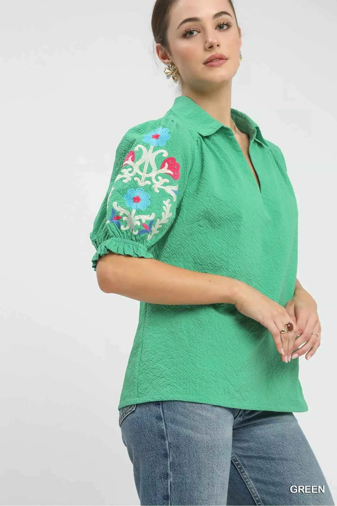 Umgee Seersucker Embroidered Sleeve Blouse bf326bfb-65bf-49b8-8ee6-4c0660078224-Max-Origin
