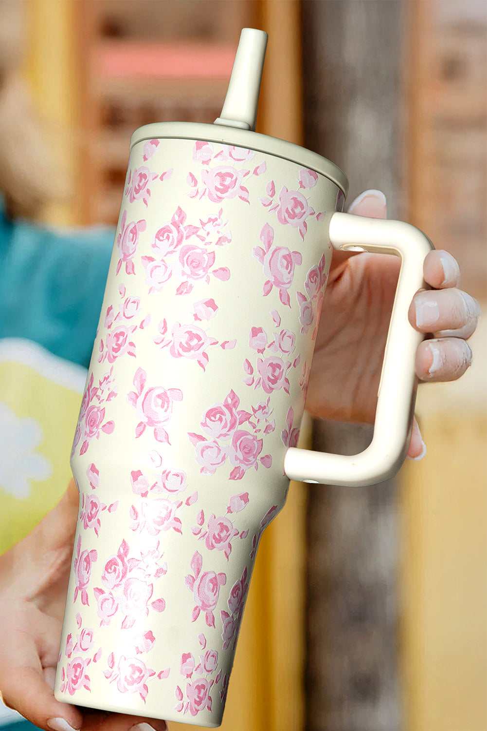 White Flower Print Handle Insulated Large Tumbler bf3afb29f19d87e0