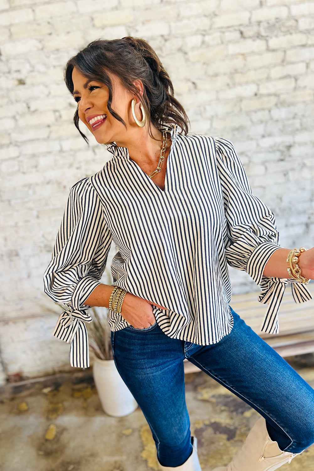 Black Stripe Frill V Neck Knot Cuffs Blouse bf3c6bee6b7cfa86