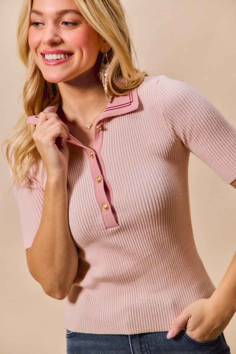 SO ME Contrast Collar Stretchy Rib Knit Short Sleeve Top bf3d4d66e1694444a02c3d80ad155af4-Max