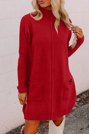 Fiery Red Ribbed High Neck Front Pockets Center Seam Sweater Dress Fiery Red 52%Viscose+26%Polyester+22%Polyamide bf3ed420cb8efa55