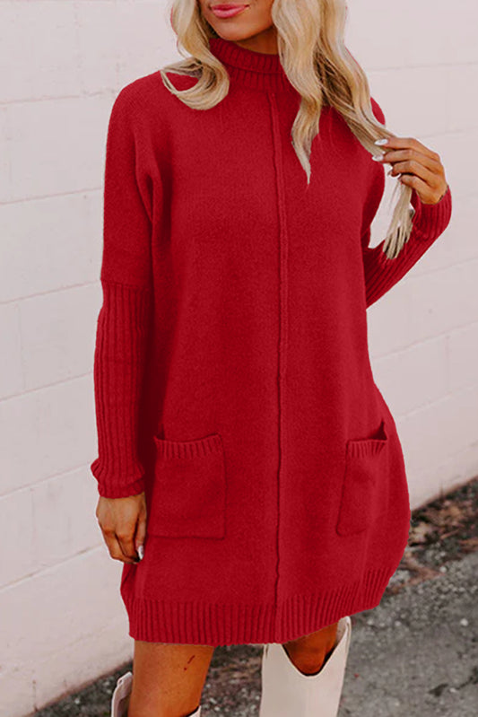 Fiery Red Ribbed High Neck Front Pockets Center Seam Sweater Dress Fiery Red 52%Viscose+26%Polyester+22%Polyamide bf3ed420cb8efa55