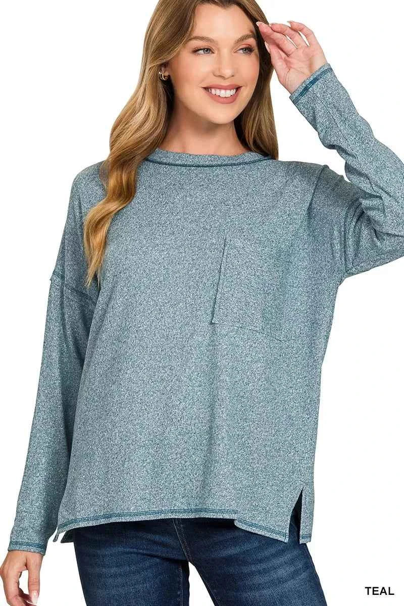 Zenana Soft Melange Hacci Round-Neck Long Sleeve T-Shirt TEAL bf3feac573d7489093cf4155f13409c4-Max-Origin