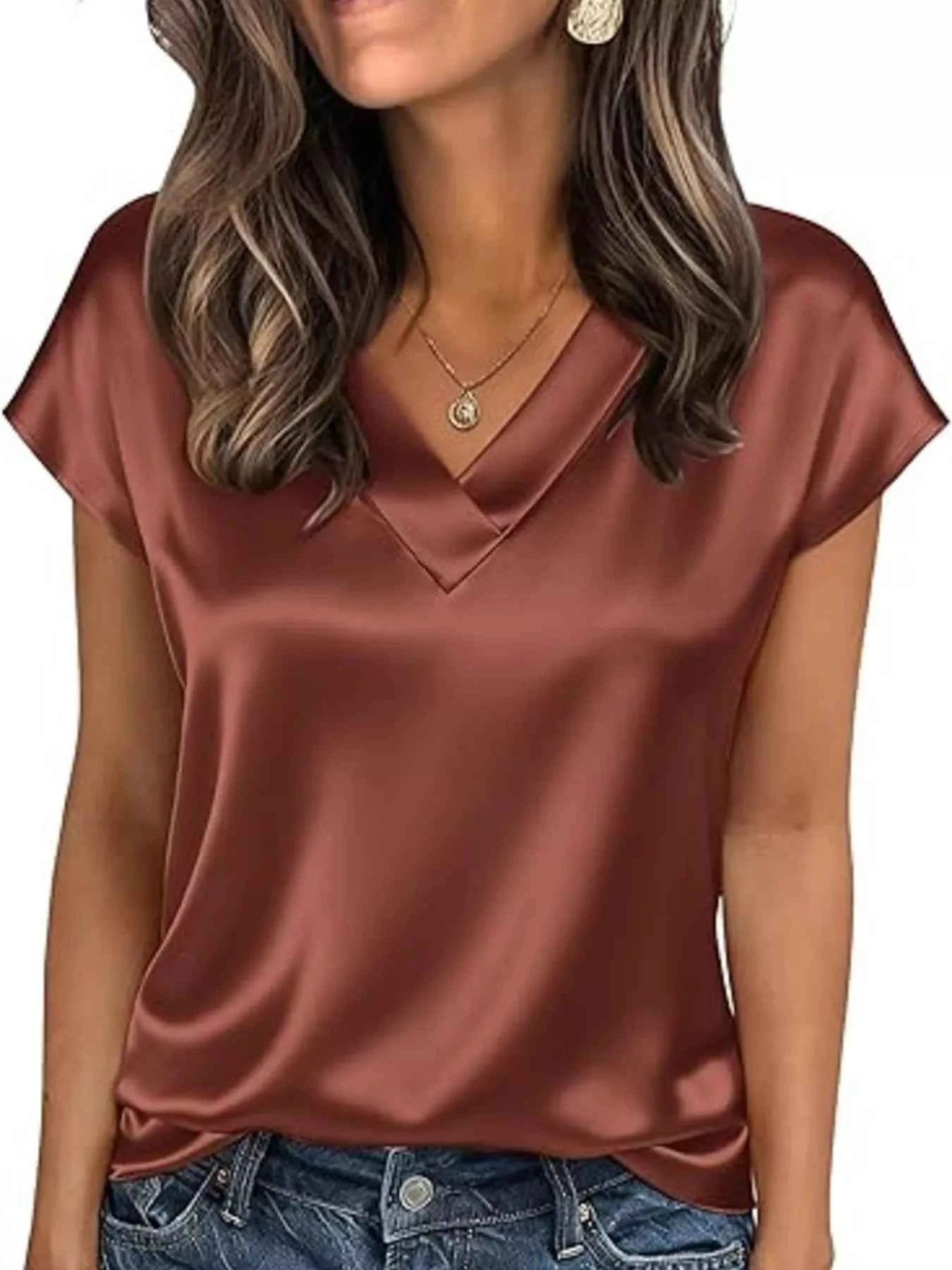 Satin V-Neck Short Sleeve Blouse Brown bf4025cdac1242c3aa67782a71606392-Max-Origin