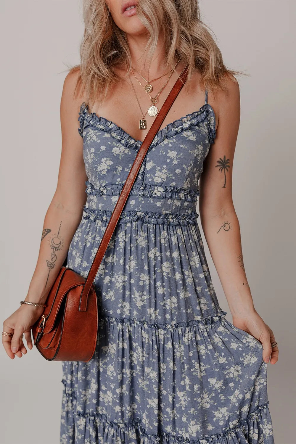 Floral Spaghetti Strap Frilled V Neck Tiered Midi Dress bf411337-d613-4260-929c-c356ed973adf-Max