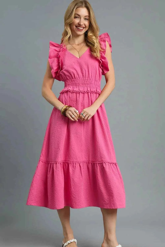 V-Neck Ruffled Cap Sleeve Midi Dress bf43b783-803e-4313-95f4-e74dd4d99563-Max-Origin