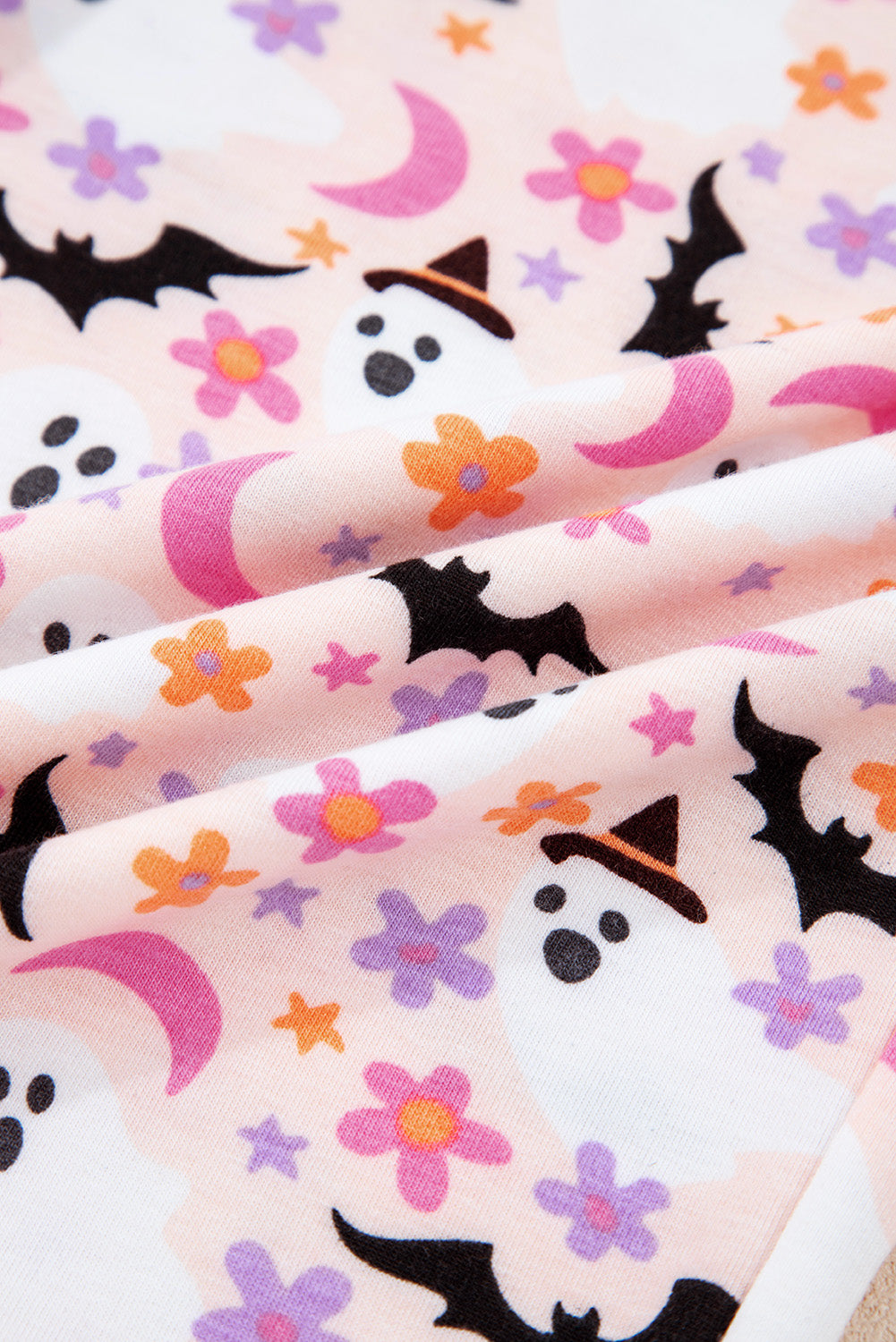Pink Cute Floral Halloween Ghost Print Long Pajama Set bf44db2bbd1fa053