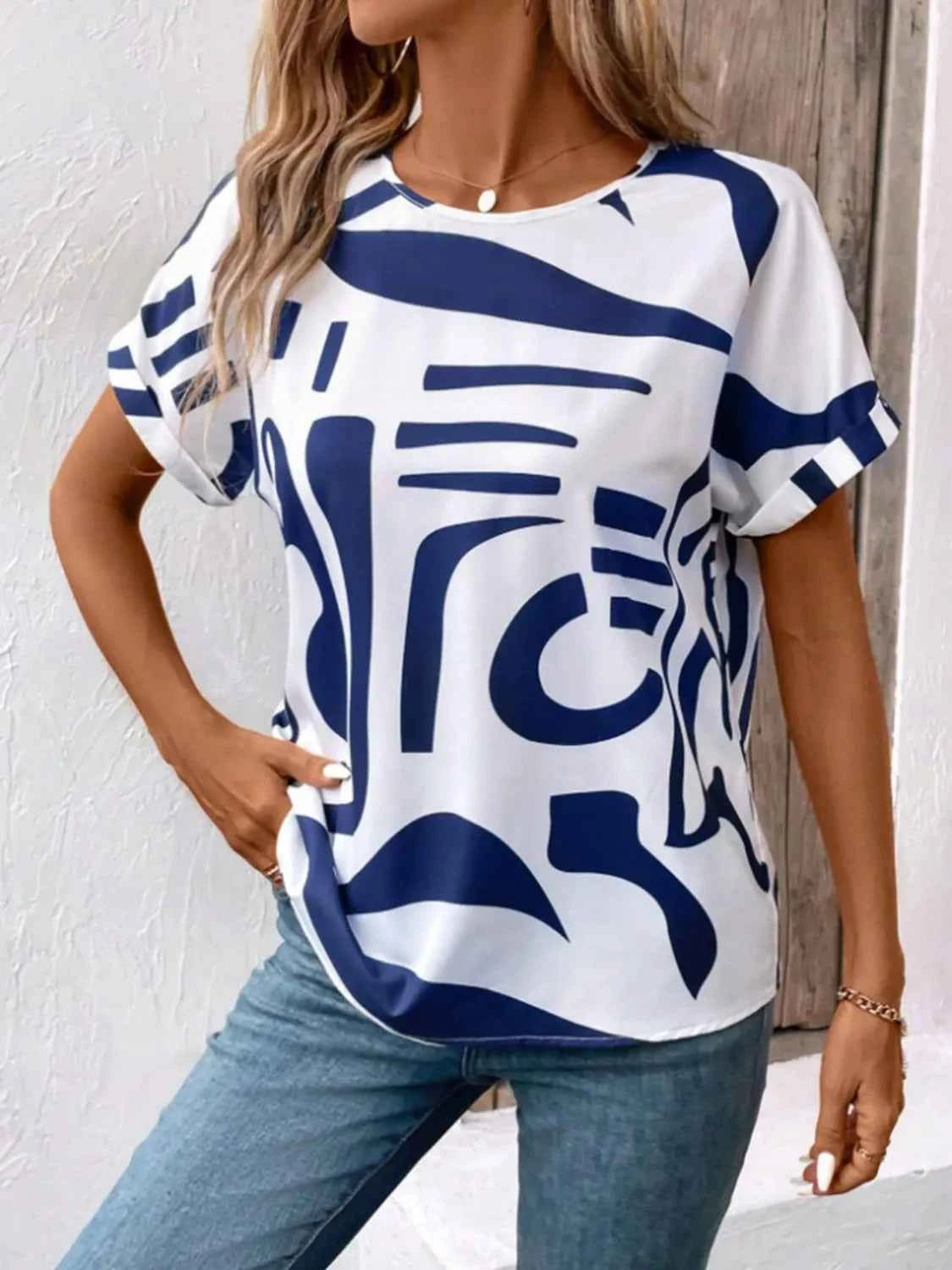Contrast Round Neck Short Sleeve Blouse bf44fcbb-85c2-4a54-b947-55bfe03a7399-Max-Origin