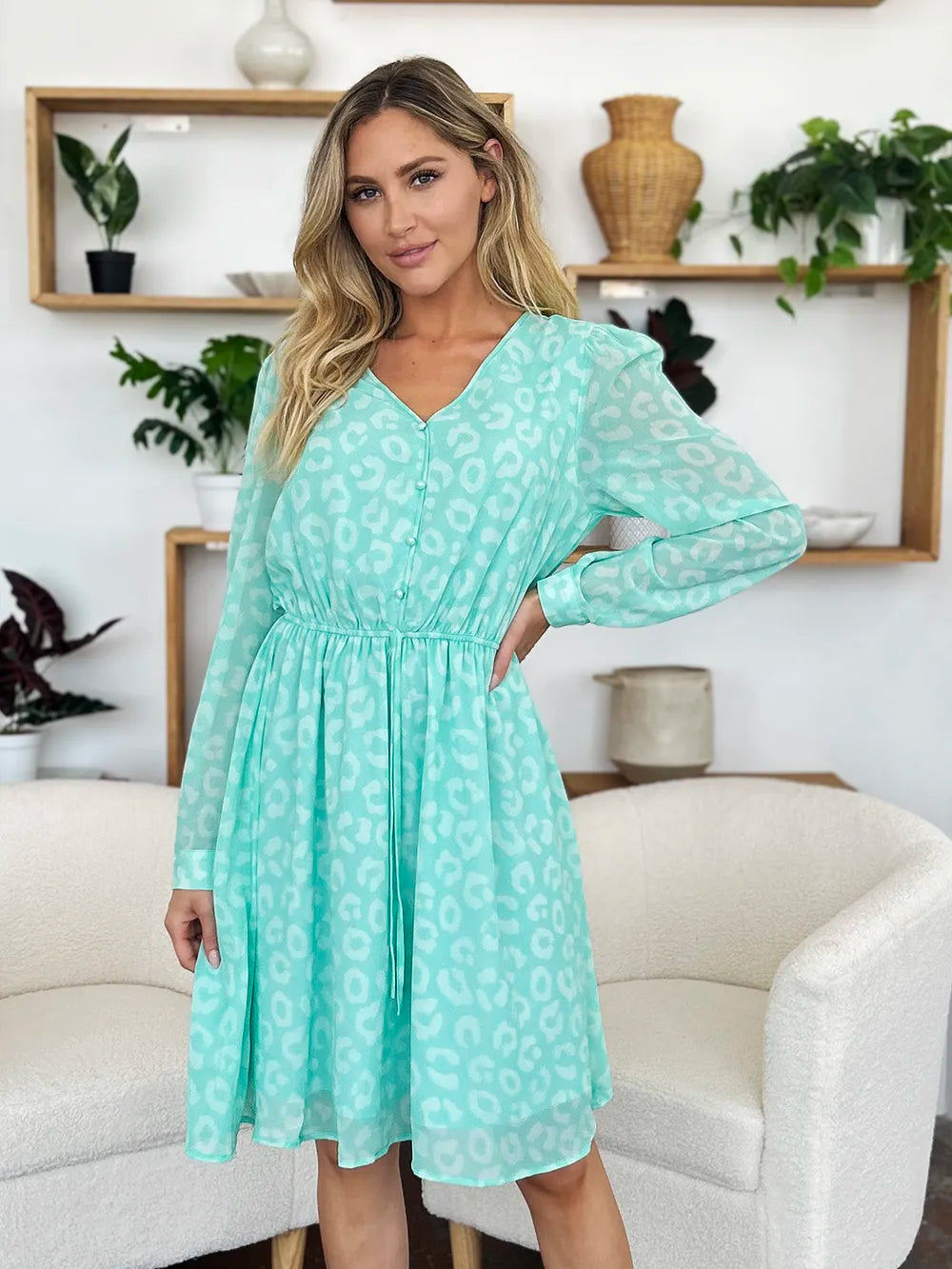 Double Take Full Size Printed Ruched V-Neck Long Sleeve Dress bf453956-015e-4ea4-ac45-0b71920875f5-Max