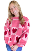 Pink Love Heart Checkered Valentine Knit Sweater Pink 52%Viscose+26%Polyester+22%Polyamide bf456575dc63aa60