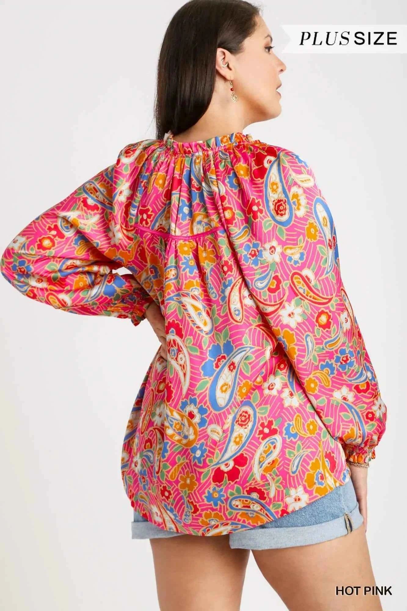 Umgee Full Size Satin Paisley Ruffle Neck Button-Up Shirt Plus Size bf46b776-3b9d-49cc-a1d0-f48e86c6d24e-Max-Origin