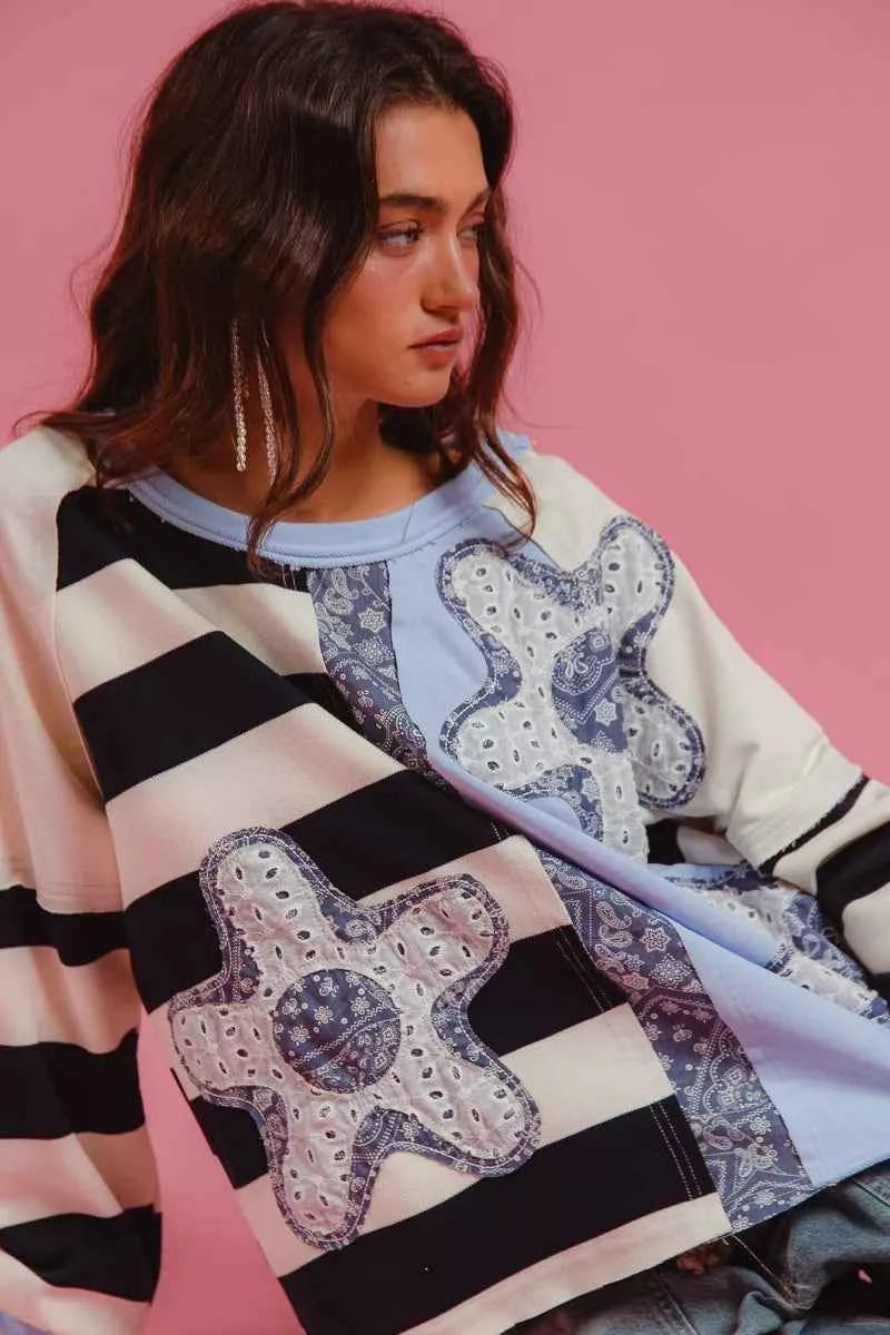 BiBi Patchwork Striped Round Neck Sweatshirt bf492cb99a2048fda8362a6e5f390296-Max-Origin