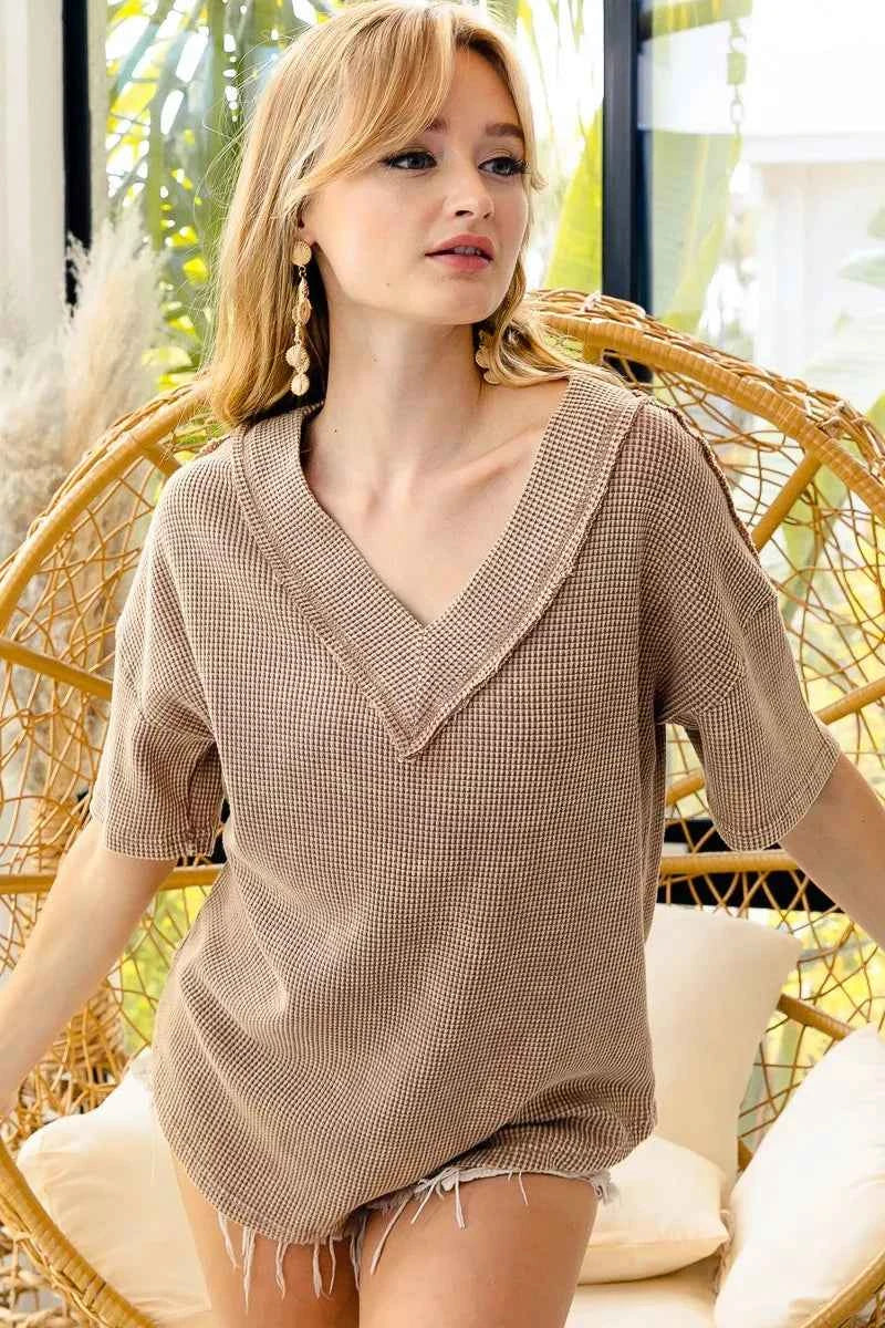 BiBi Mineral Washed V-Neck Cut Edge Detail Top bf4c2a3b-583f-433f-8570-798acd0b5999-Max-Origin
