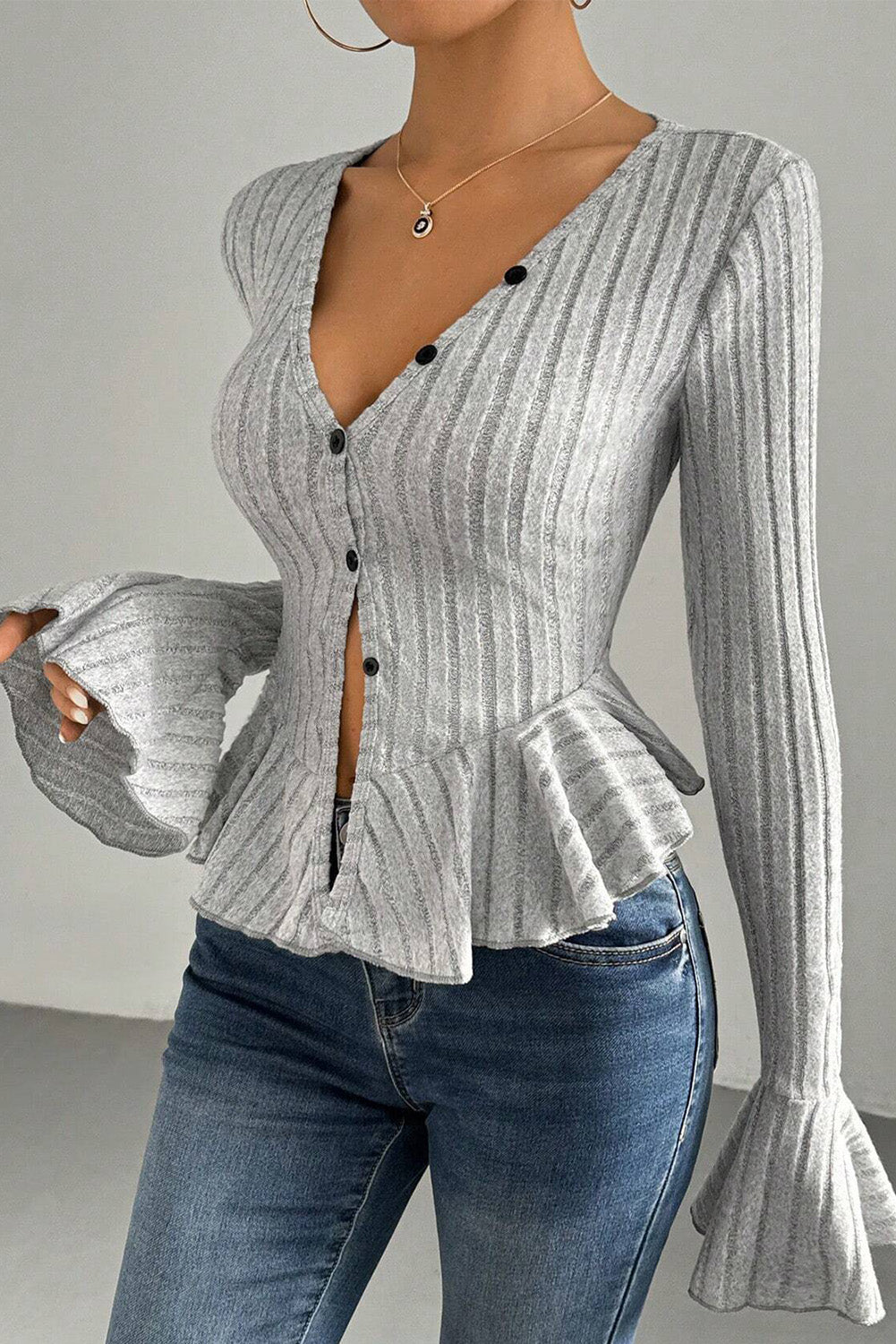 Light Grey Slim Fit Ruffle Hem Ribbed Long Sleeve Top bf4c39b7f0c08f79