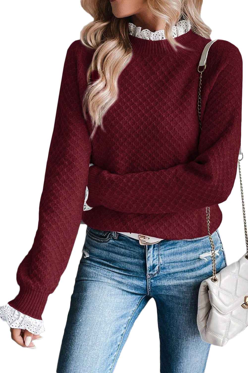 Burgundy Contrast Lace Frill Trim Raglan Sleeve Sweater bf4e0bf5745413f1