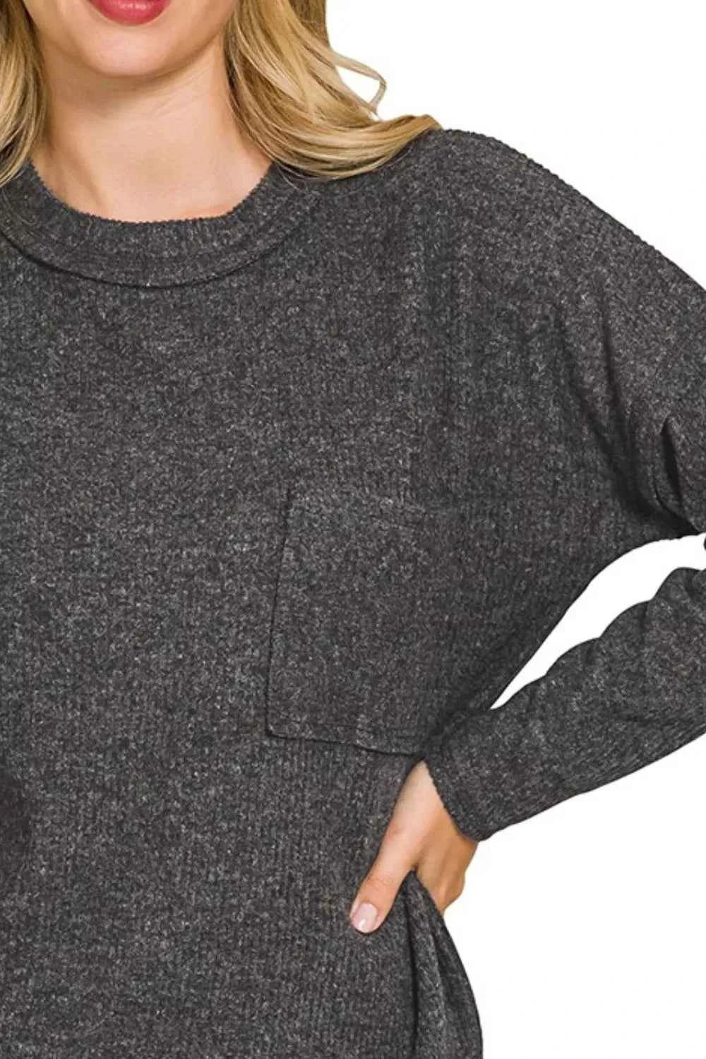Zenana Ribbed Brushed Melange Hacci Sweater with Chest Pocket bf583643-5fac-4961-a116-e11dff6c2e43-Max-Origin