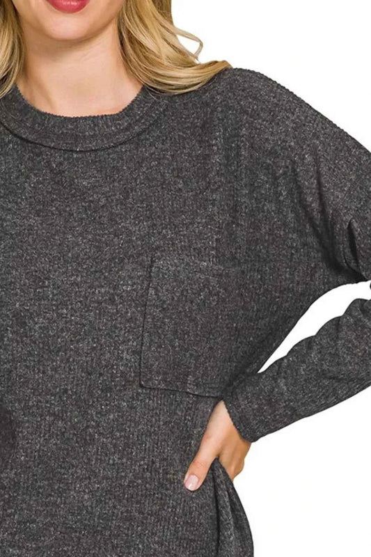 Zenana Ribbed Brushed Melange Hacci Sweater with Chest Pocket bf583643-5fac-4961-a116-e11dff6c2e43-Max-Origin