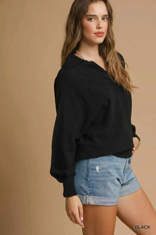 Linen Long Sleeves Elastic Hem Blouse bf5a8389-5c51-4b76-b7d6-c187ae057c10-Max-Origin