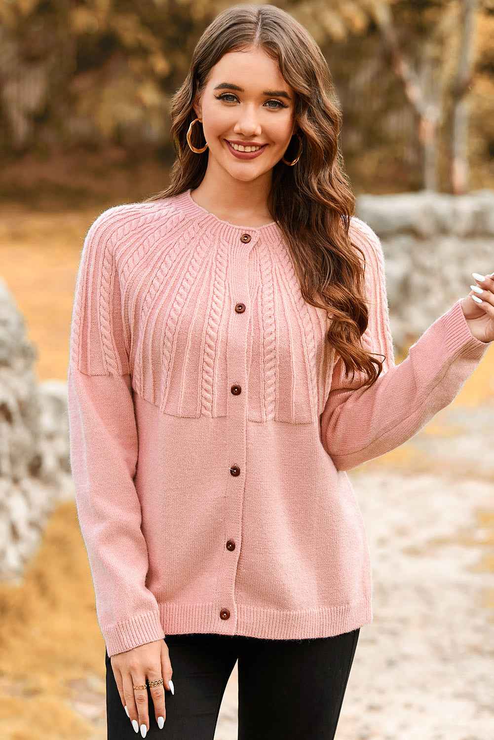 Light Pink Solid Color Textured Detail Button Down Long Sleeve Sweater Cardigan bf5b12007958c599