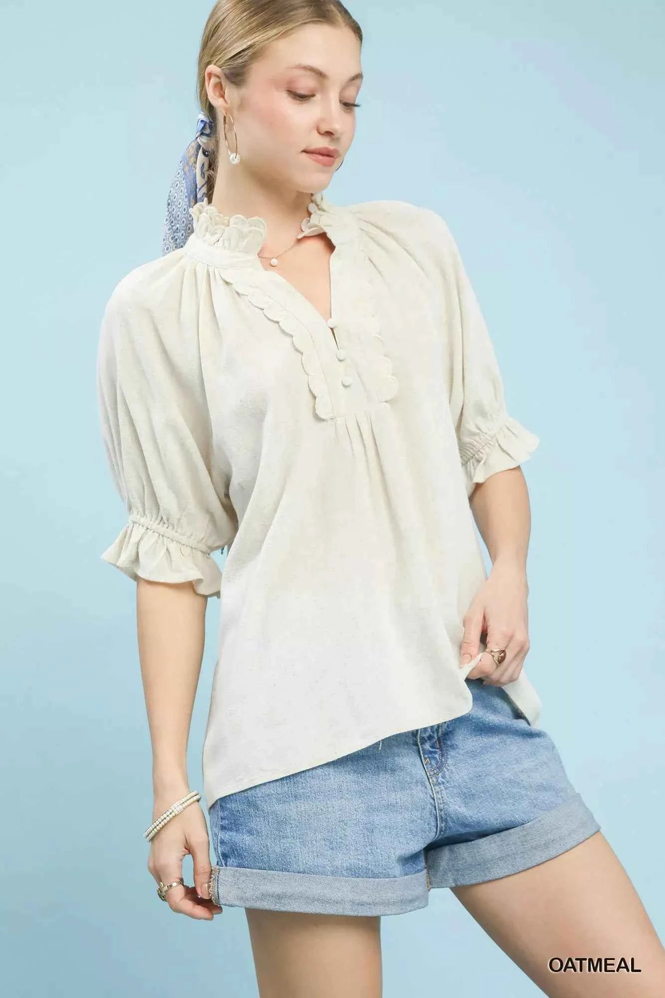 Umgee Linen Scalloped Ruffle Neck Blouse bf5b86c1-b69d-4953-b598-93e158c8e638-Max-Origin