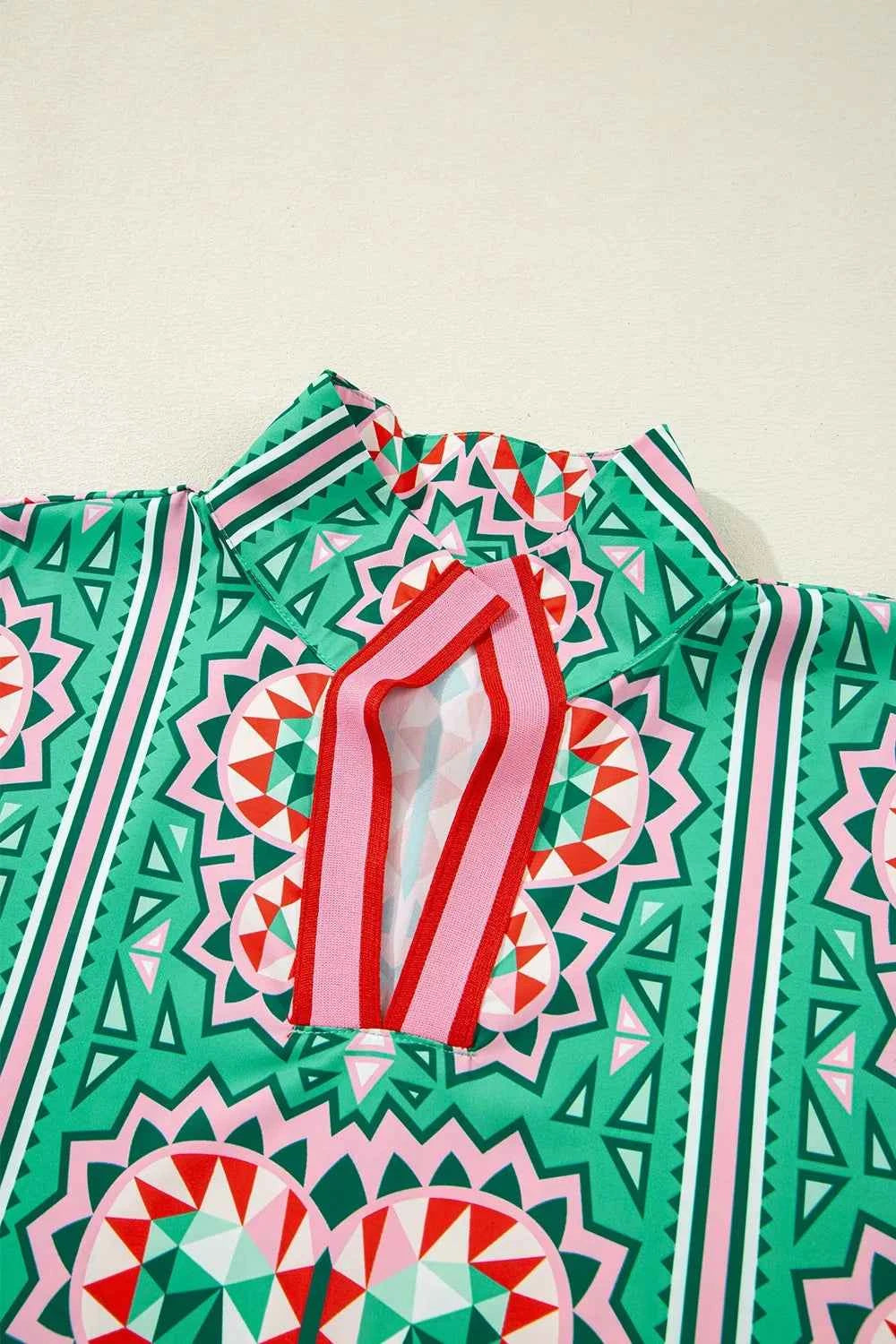 Boho Abstract Print Contrast Striped Collared V Neck Blouse bf5e419b-5adf-4cf5-ae5f-2080522a8aab-Max-Origin