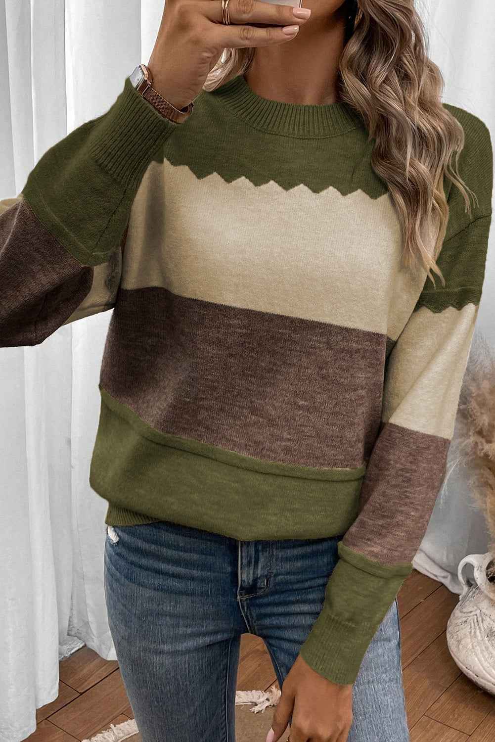 Black Colorblock Crew Neck Drop Shoulder Sweater Brown 52%Viscose+26%Polyester+22%Polyamide bf615df17f632e11