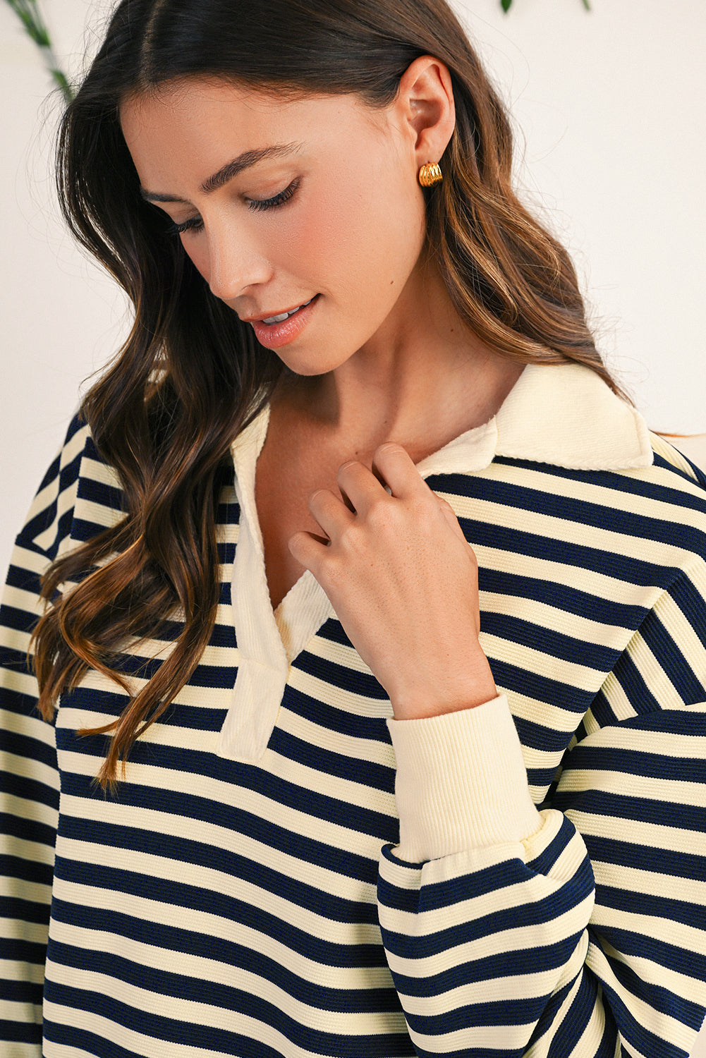 Blue Striped Long Sleeve V Neck Top bf63865f414408ce
