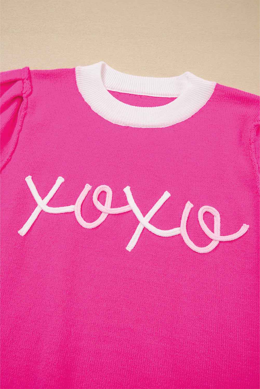 Bright Pink XOXO Embroidered Graphic Valentines Contrast Trim Crew Neck Short Puff Sleeve Sweater Tee bf681e1a6c66cca6