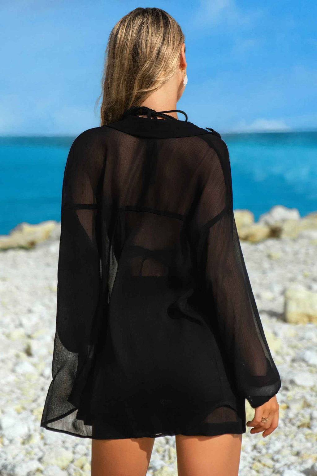 Black Sheer Tunic Shirt Drawstring Shorts 2pcs Swim Cover Up bf71586830c96972