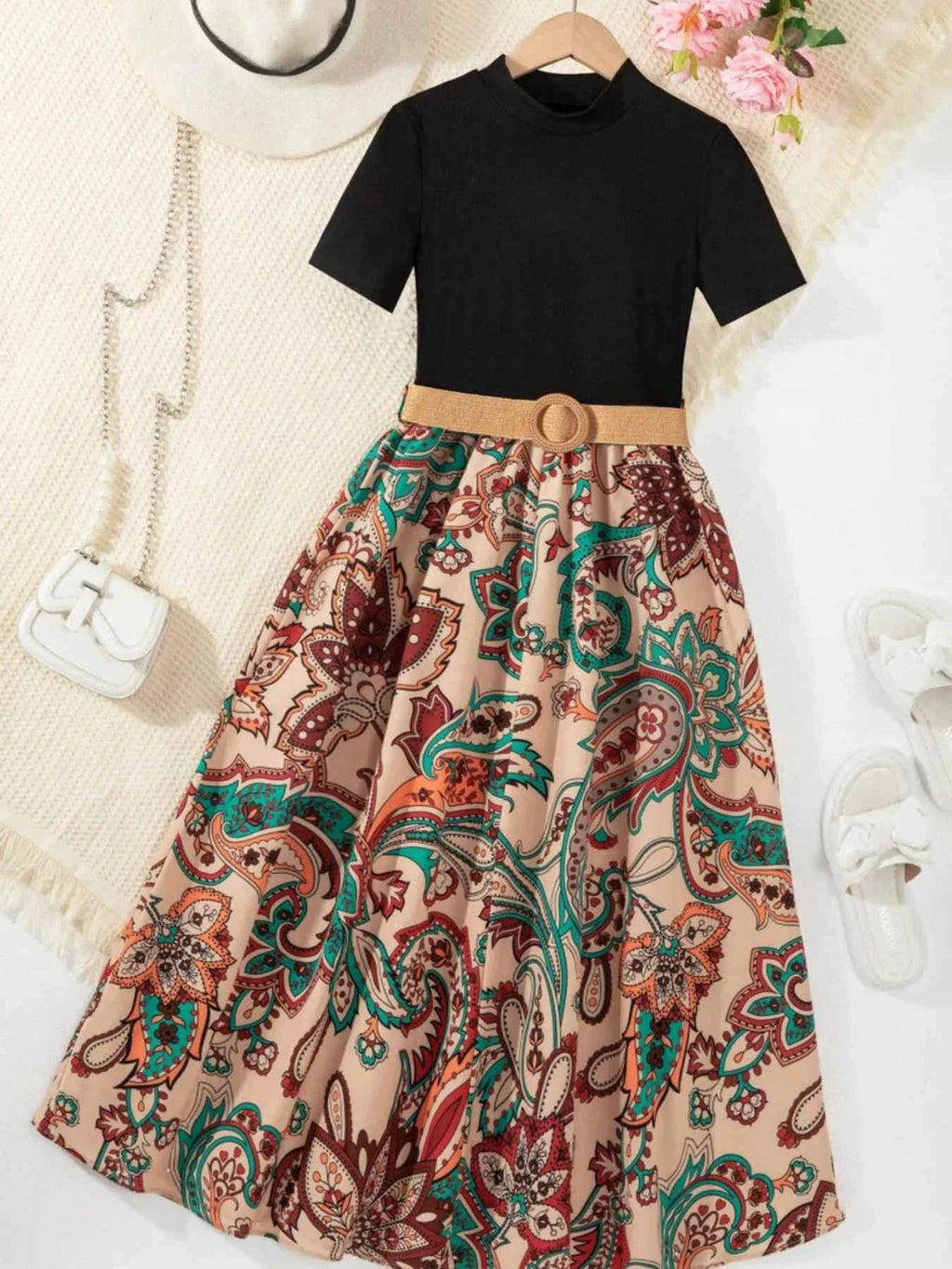 Children's Printed Short Sleeve Dress Tan bf74248d954c40cab998bc55d30ec0fb-Max-Origin