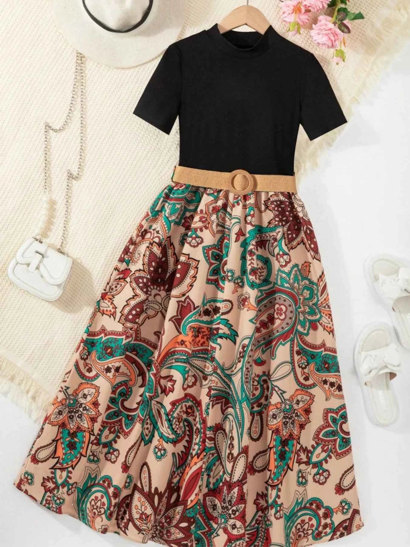 Children's Printed Short Sleeve Dress Tan bf74248d954c40cab998bc55d30ec0fb-Max-Origin