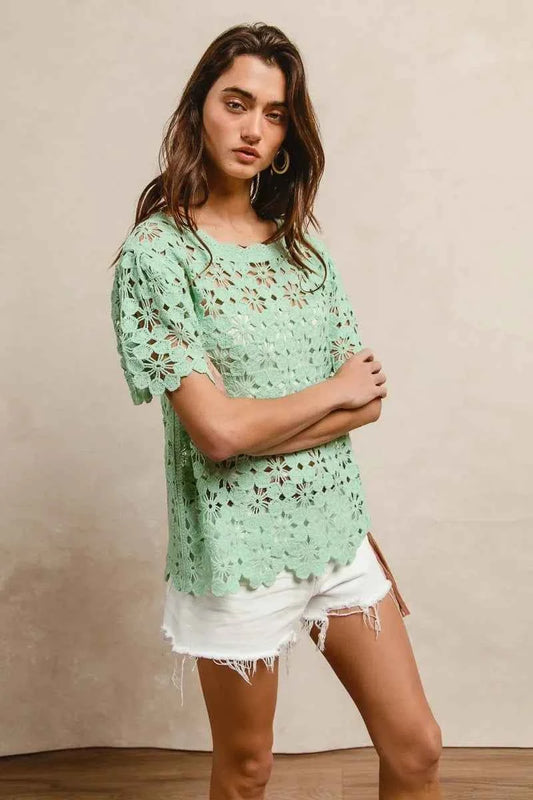 Openwork Crochet Short Sleeve Knit Top bf7846082f1644cdb1edf5e9002040d1-Max-Origin