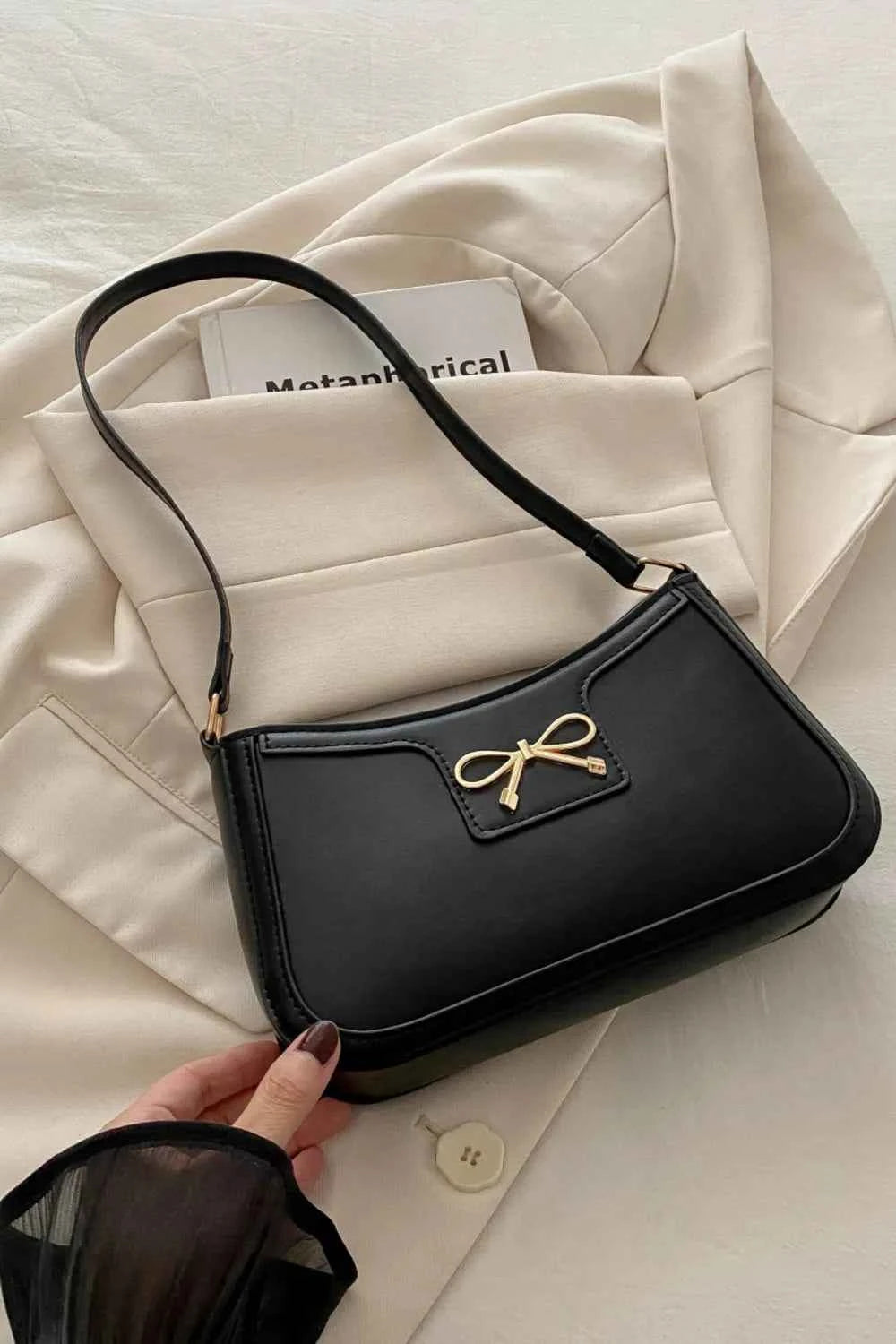 Bow Trim PU Leather Shoulder Bag Black One Size bf78efd4-334c-4755-aeee-175acf6a2d53-Max