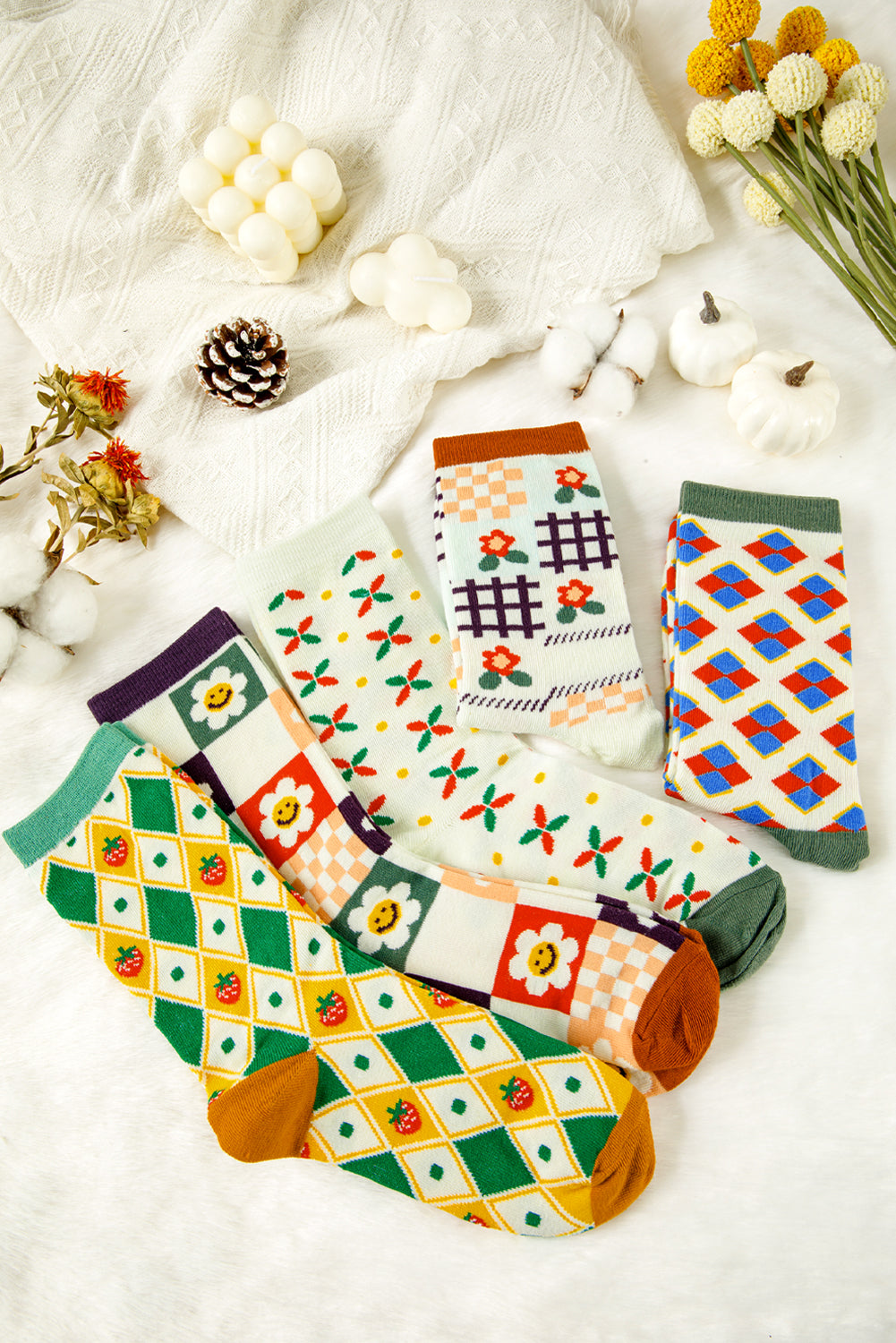 White Plaid Floral Cotton Crew Socks White ONE SIZE cotton bf791092de54fe54