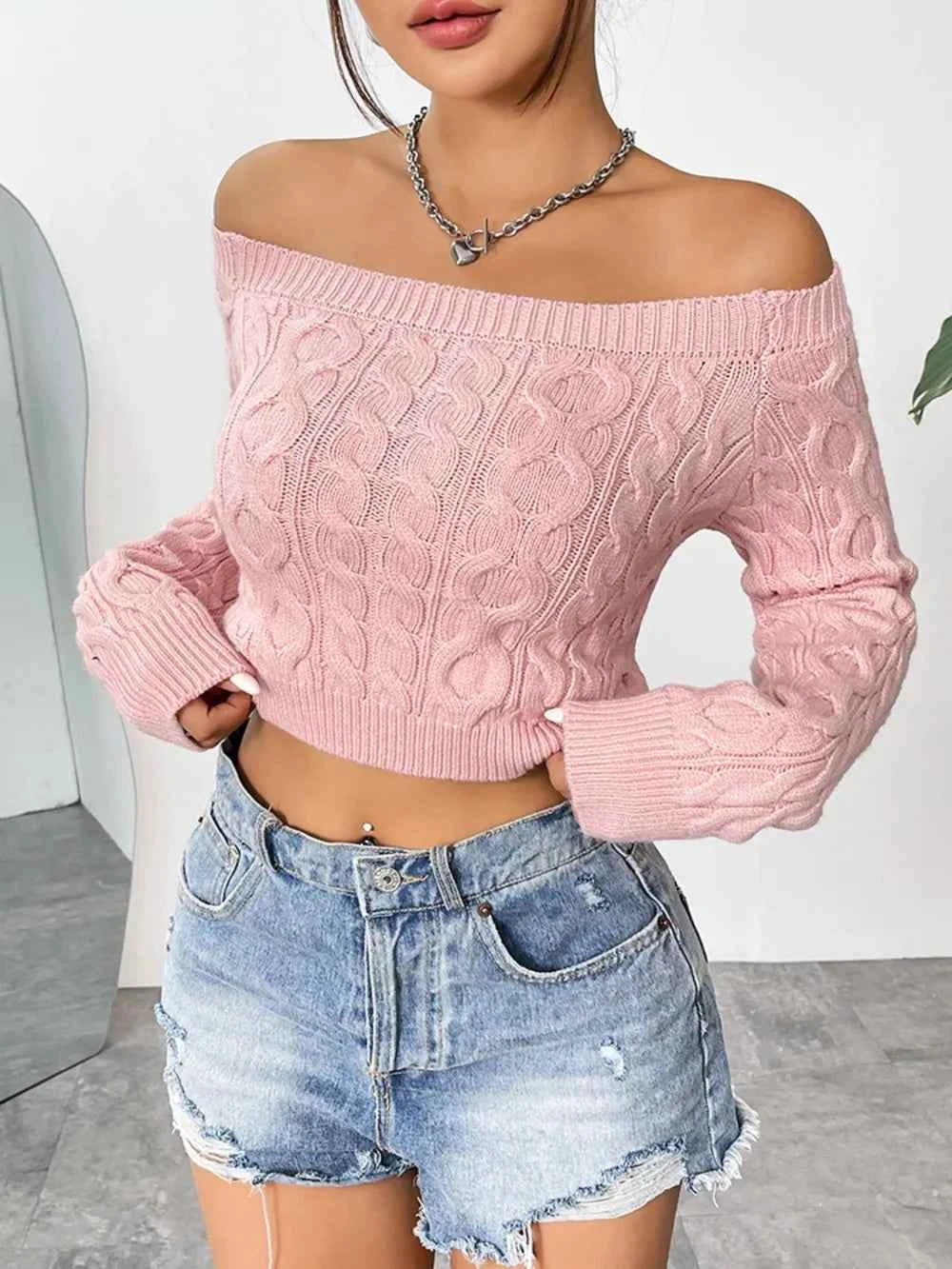 Cable-Knit Off-Shoulder Long Sleeve Knit Top bf7ca12a-df5c-4eb0-9f19-633b848a9850-Max