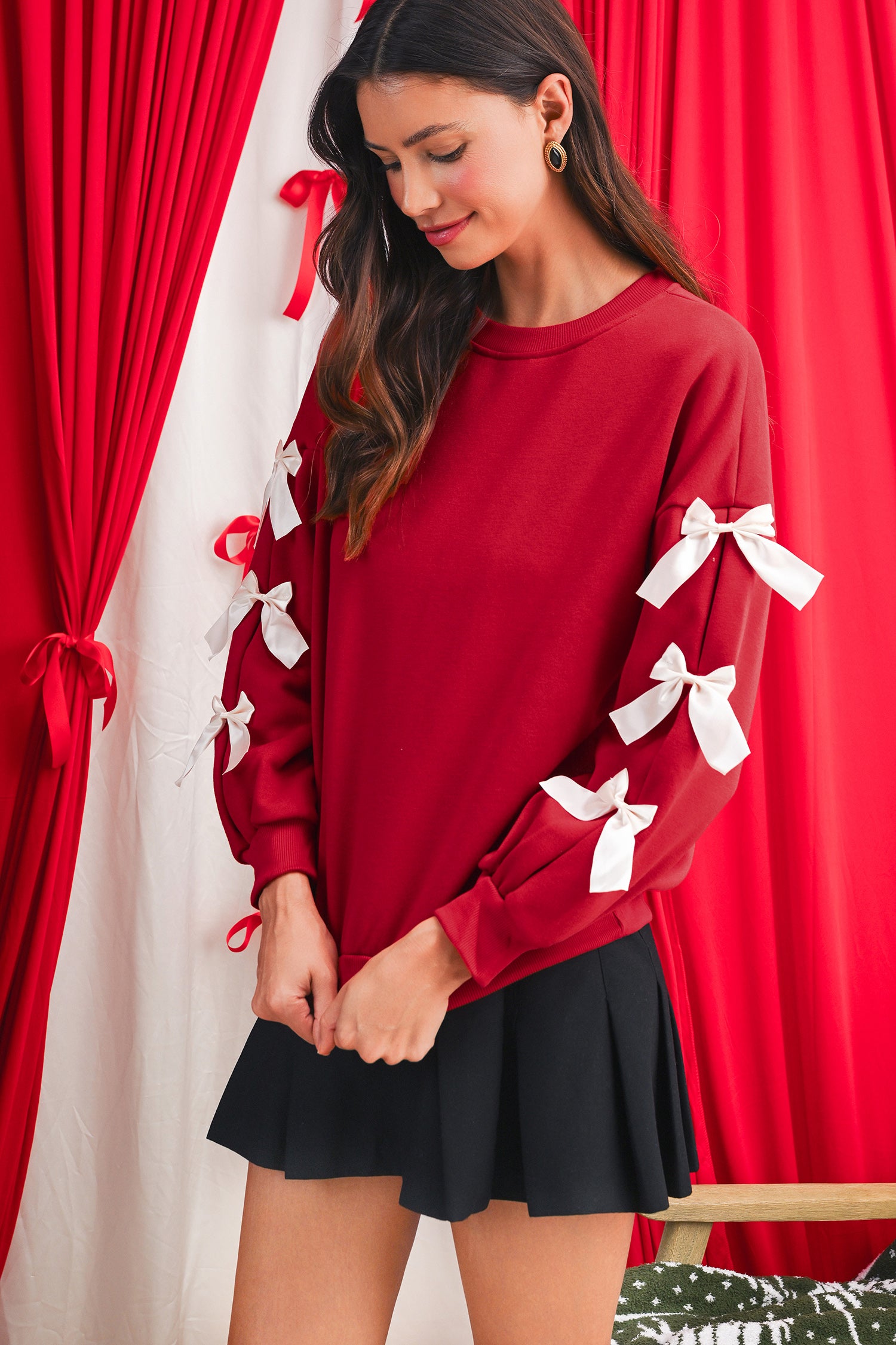 Fiery Red Sweet Bowknot Round Neck Sweatshirt bf7f47e1d9f3f635