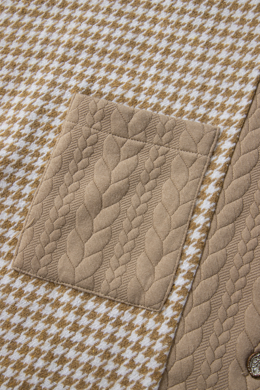 Khaki Houndstooth Textured Patchwork Loose Shacket bf7ff2ba82b351c3