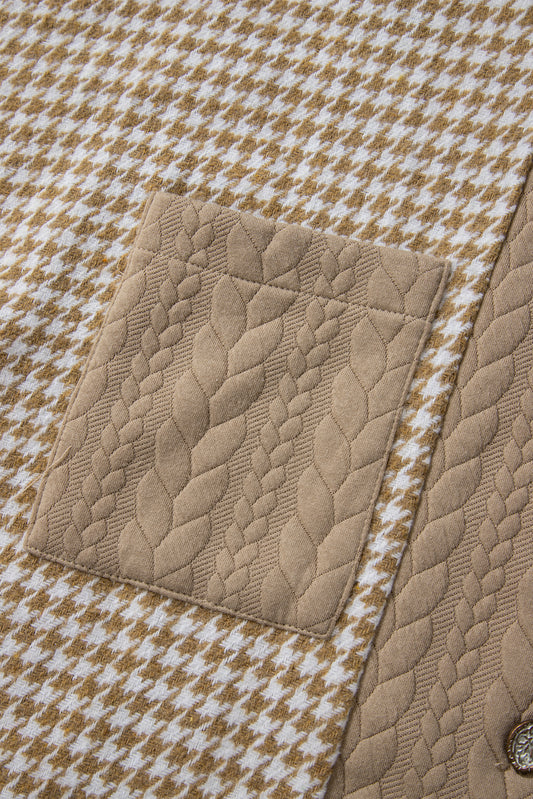 Khaki Houndstooth Textured Patchwork Loose Shacket bf7ff2ba82b351c3