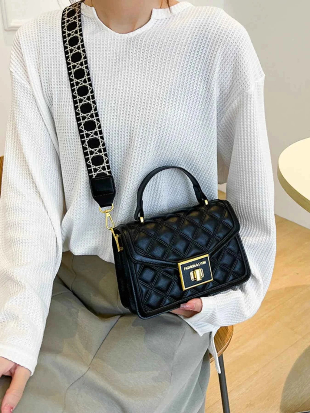 Quilted Adjustable Strap Shoulder Bag Black One Size bf80dac7f87443c382b70c26021f6dad-Max-Origin